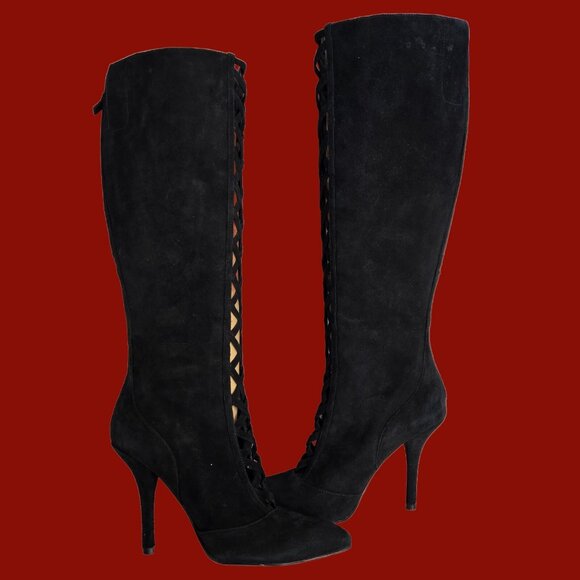 Y2K Nine West Black Suede Knee High Boots US Size 7.5 Pointed Toe Heels Zippers - Picture 8 of 11